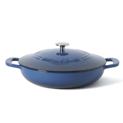 Martha Stewart Gatwick Enameled Cast Iron Braiser with Lid, 3.5-Quart Braiser Pan for Stovetop & Oven, Cast Iron Braising Pan, Blue