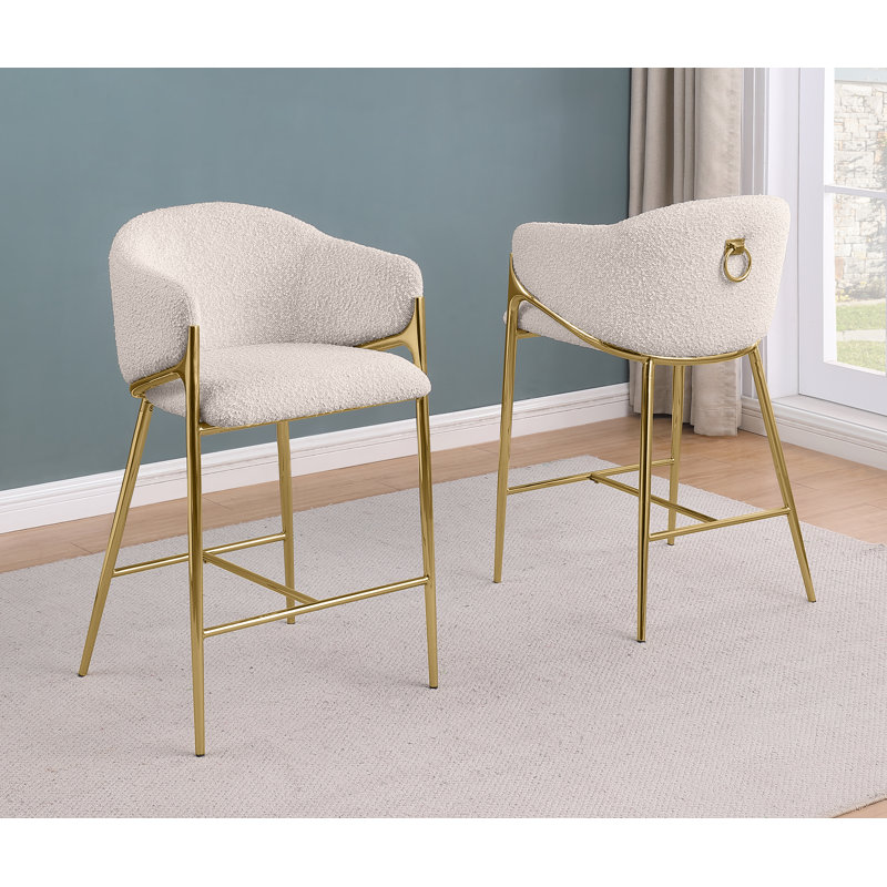 Tabourets de bar en tissu Teddy Boucle, Tabouret de comptoir (siège d'une hauteur de 26 p, Siège crème / cadre doré