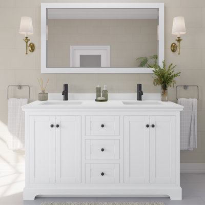 Meuble-lavabo double autoportant 60 po avec plateau en quartz et miroir Avery