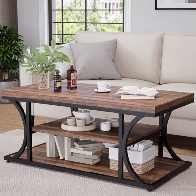 Table basse de style campagnard avec rangement, table basse industrielle en bois et métal à 3 niveaux pour le salon, table de centre rectangulaire rustique avec tablettes ouvertes, brun rustique