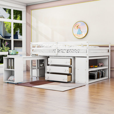 Jearl Full Size Wood Loft Bed With Built-in Wardrobes, Cabinets and Drawers