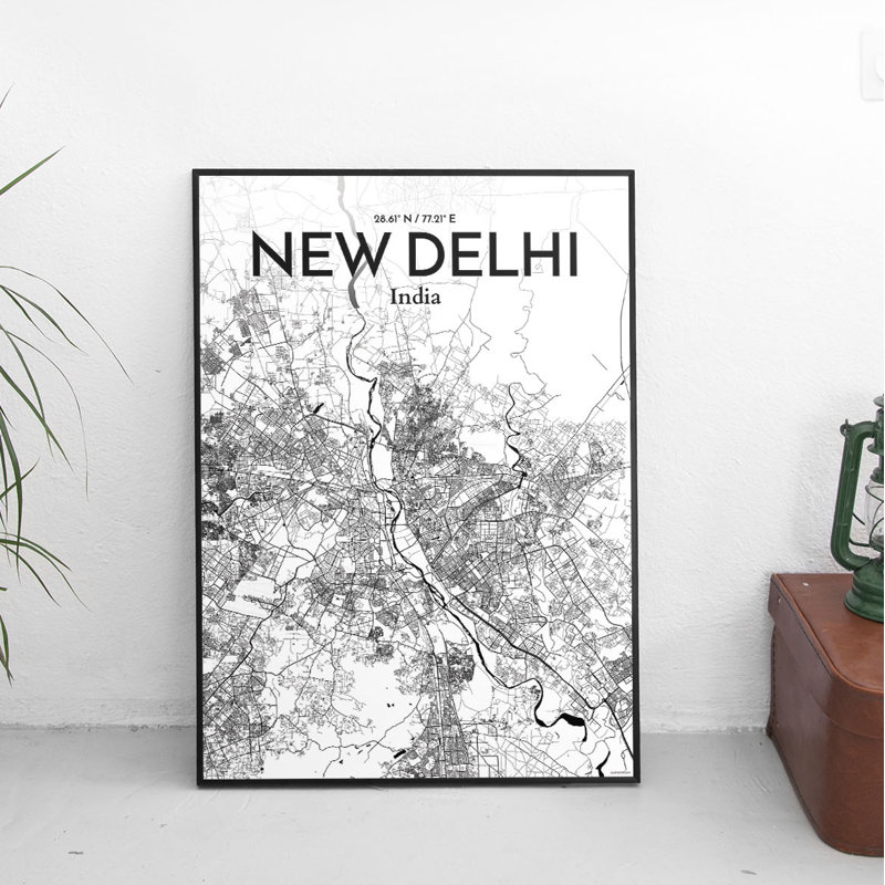 « new delhi city map », impression d’art graphique en gris, H 24 po x l 18 po x P 0,05 po