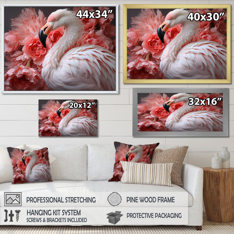 Flamant rose élégance I - imprimé, Cadre flottant doré, H 24 po x l 32 po x P 1 po