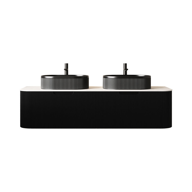 Meuble-lavabo 60 po, 2 tiroirs, vasque noire, rayé 3D mat, comptoir, glissières de tiroir à fermeture en douceur, meuble-lavabo pré-assemblé avec lavabos en céramique, conception flottante, panneaux rayés, système de dureté,