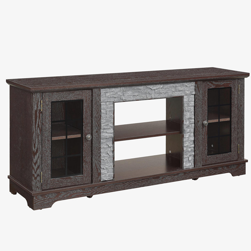 58" Modern TV Stand with 2-Door Storage, Faux Stone Media Console Cabinet, Cherry Large Entertainment Center, Cherry