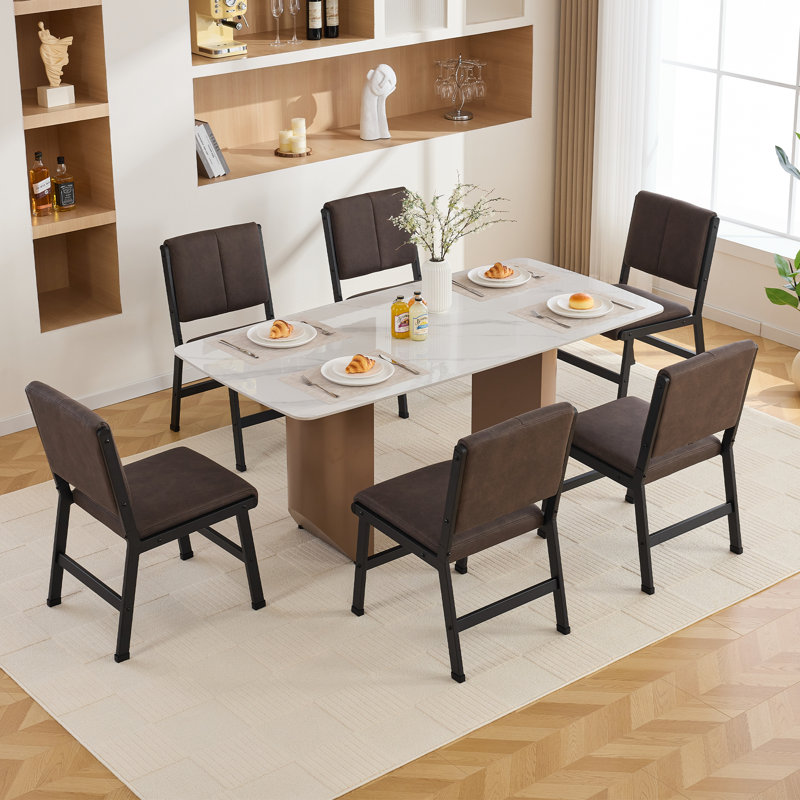 Metal Frame Breathable Synthetic Leather Upholstery Modern Dining Chairs Brown（Set for 6）, Brown, 6