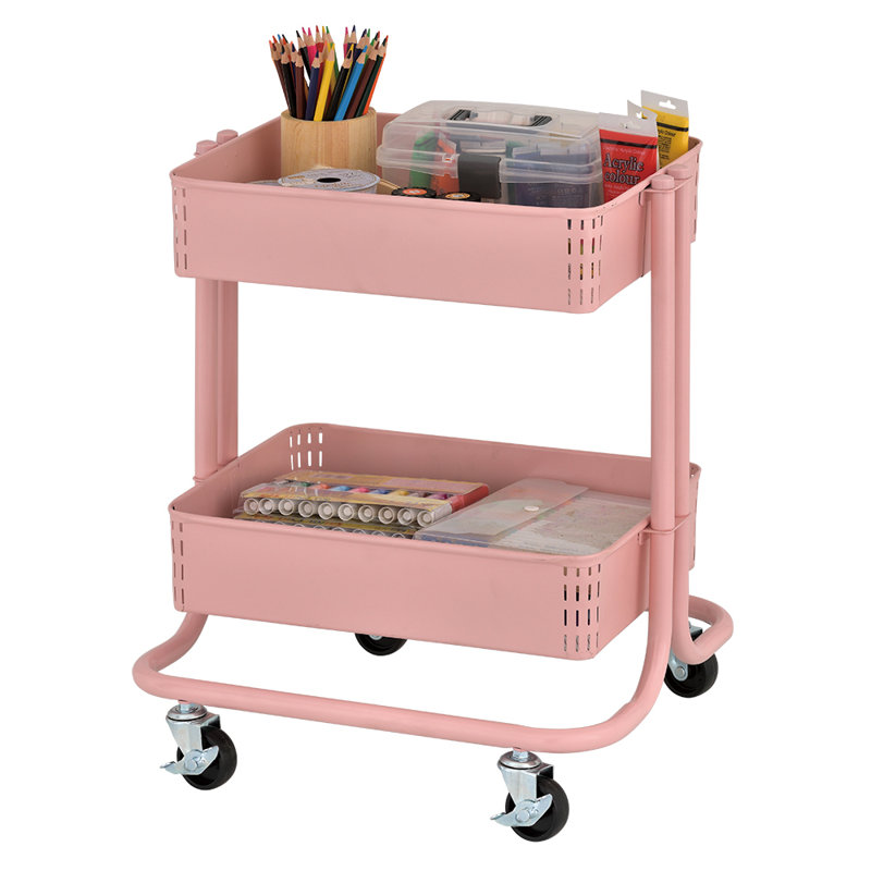 ECR4Kids Pink 2-Tier Metal Rolling Utility Cart