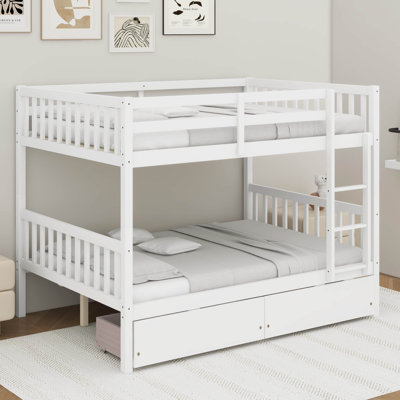 Full Over Full Rubber Wood Bunk Bed With 2 Drawers, Convertible Into 2 Beds