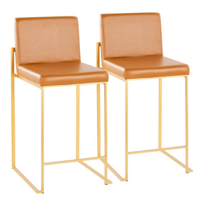 Tabouret de comptoir à dossier haut en métal doré et similicuir brun clair - ensemble de 2