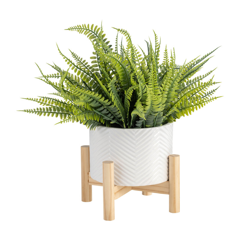 Elegant Ceramic Chevron Planter With Wood Stand, A Stylish And Functional Addition To Any Space.