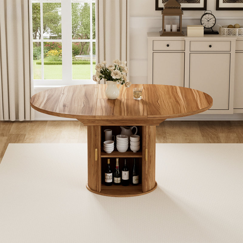 Hommpa 59" Extendable Round Dining Table For 4-6, Oval Kitchen Table With Storage And Sturdy Wooden Base, Farmhouse Dining Room Table For Small Space, Living Room, Walnut
