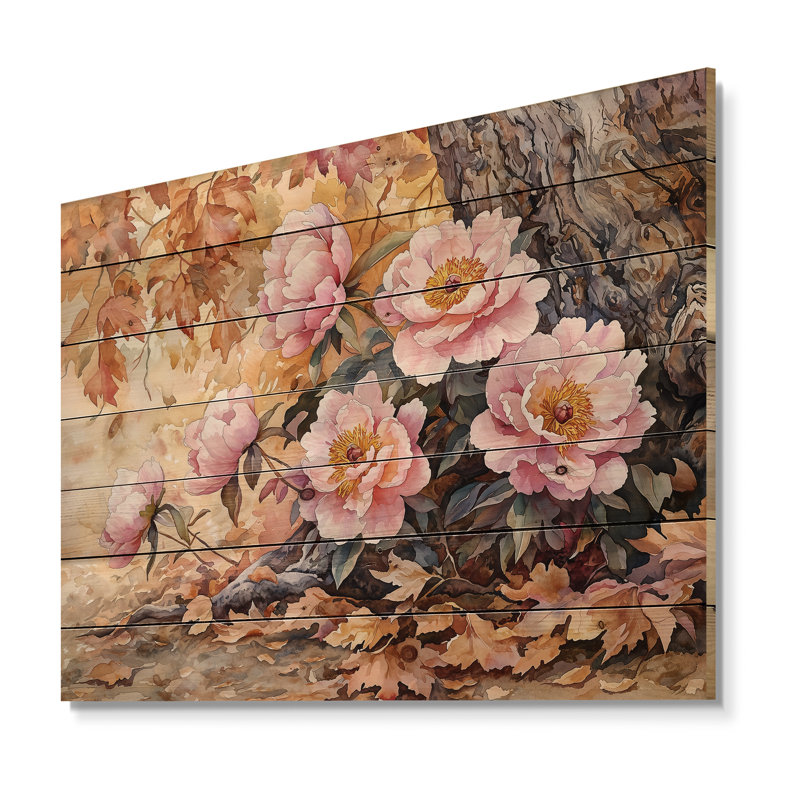 Pivoines par le chêne I - reproduction de bois de pivoines - sur bois de pin naturel, H 10 po x l 20 po