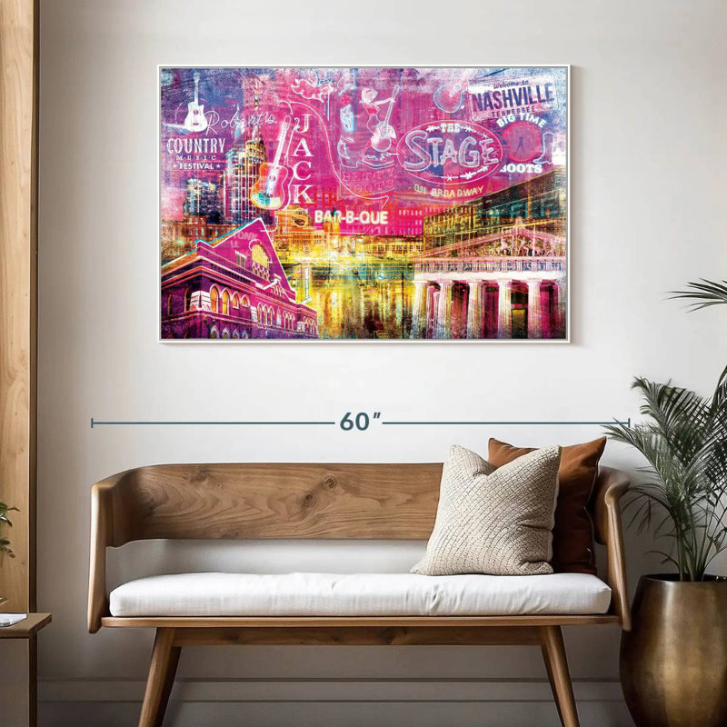 Nashville Buildings Grunge, 46" X 31", Floating Frame White