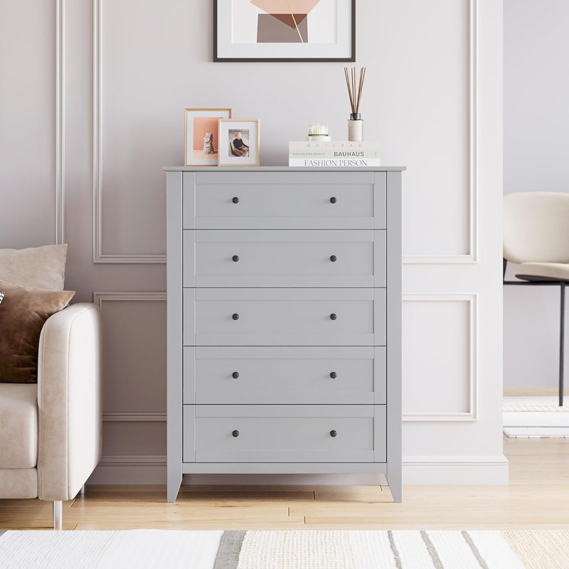 5 Drawer Dresser, Wooden Chest of Drawers Storage Cabinet Organizer for Office Living Room Hallway, Gray