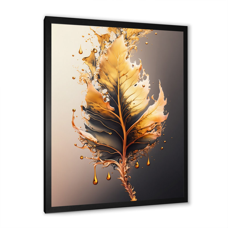«Gold Abstract Leaves II», impression sur toile, Toile encadrée noire à coins fermés, H 32 po x l 16 po x P 1 po