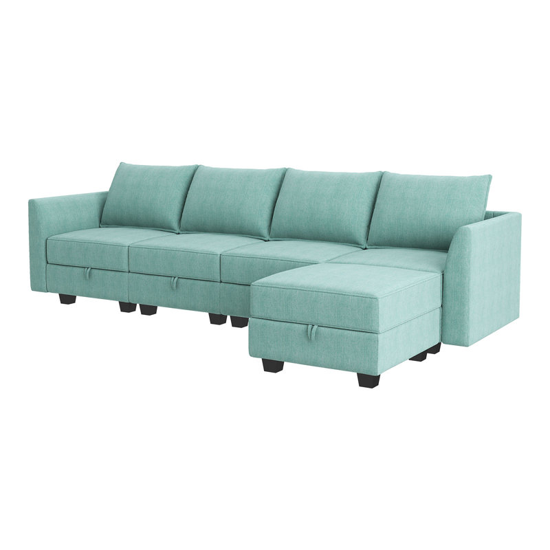 Canapé modulaire réversible en L avec repose-pieds avec rangement Manusite, Bleu