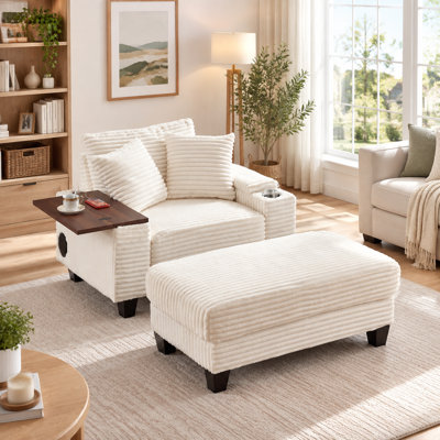 Canapé de rangement en velours côtelé blanc moelleux avec pouf, tablette pivotante, haut-parleur Bluetooth, ports USB et porte-gobelet.
