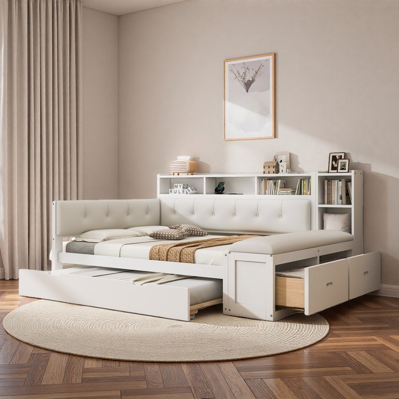 Comfortable Daybed With Trundle, Storage Shelves, Bench, Charging Station And Upholstered Headboard, White