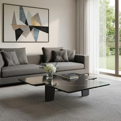  Table basse 47 po en marbre véritable noir et bois massif forme libre - Faux marbre Glam