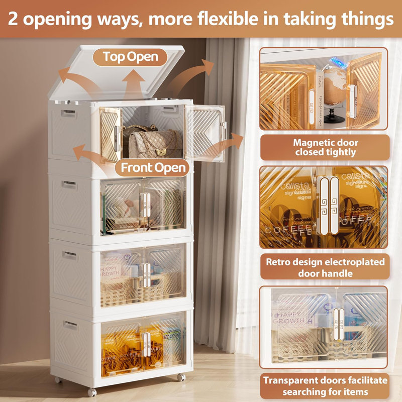 Plastic Stackable Storage Bins,Folding Organizer Boxes With Wheels And Magnetic Doors for Home & Office