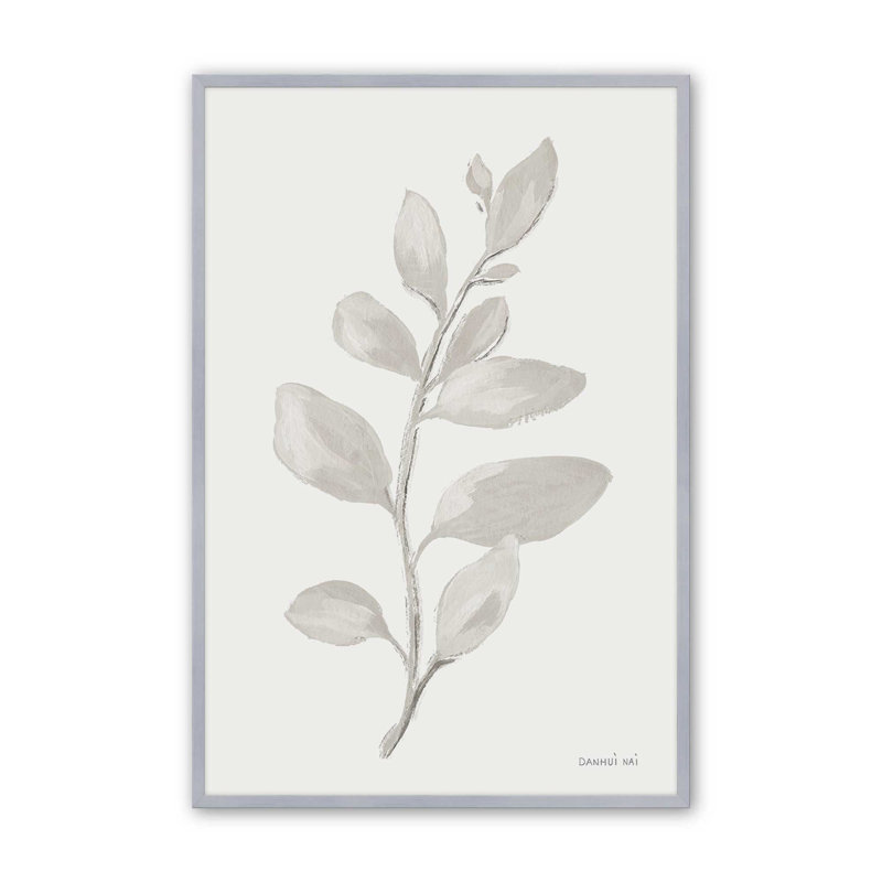 Élégantes feuilles grises I print, Encadrement de coin ouvert en chrome poli, H 37,25 po x l 25,25 po