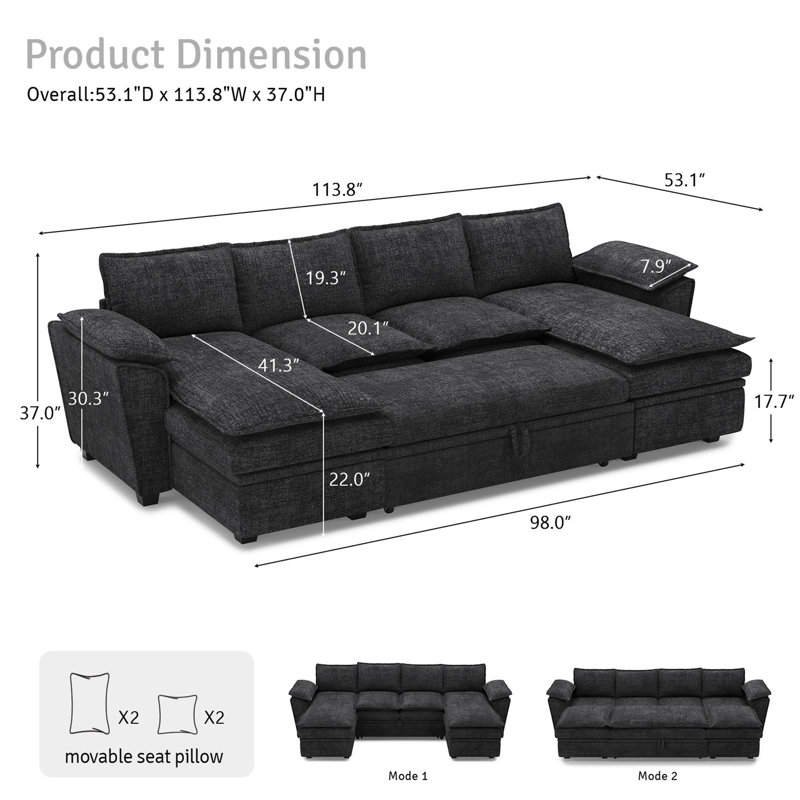 Chenille U-Shaped 4-Seat Storage Sofa King Pull Out Bed Sleeper Livingroom Modular Sectional Sofa Apartment Couch