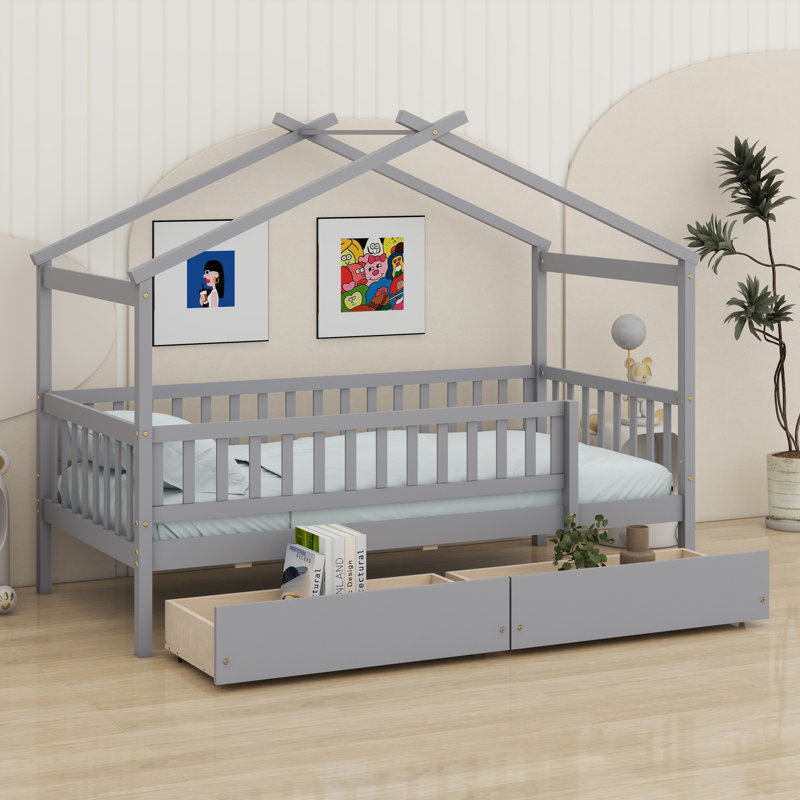 Lit en bois avec tiroirs, Gris
