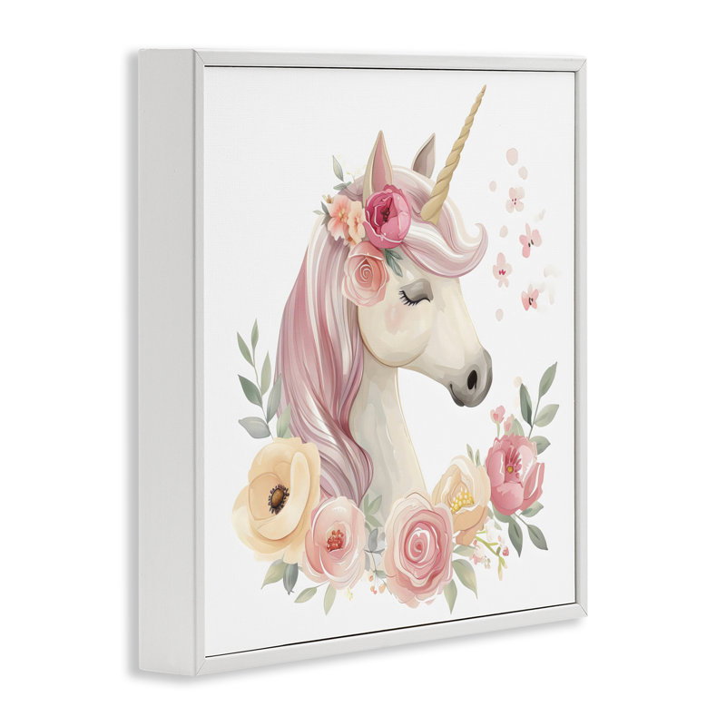 Licorne avec couronne florale, estampe numérique, design by Creative Studio, Giclée encadrée blanc bord de mer