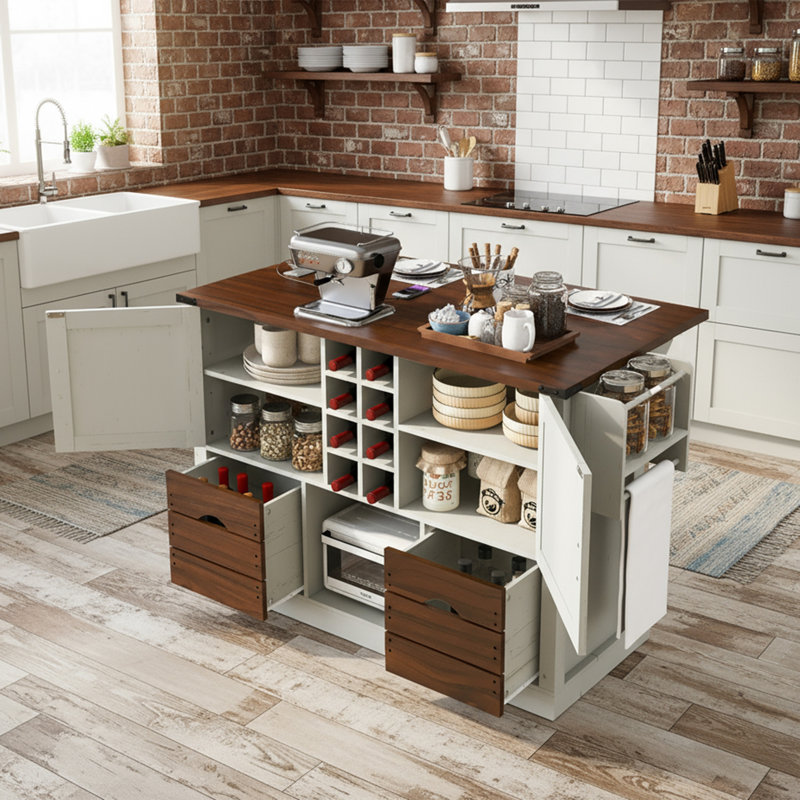 K&K 54" Farmhouse Kitchen Island with Drop Leaf, Power Outlet, Kitchen Storage Cart with 2 Doors, 2 Drawers, Rolling Kitchen Island on 4 Large Wheels with Spice Rack for Kitchen, Dining Room, White