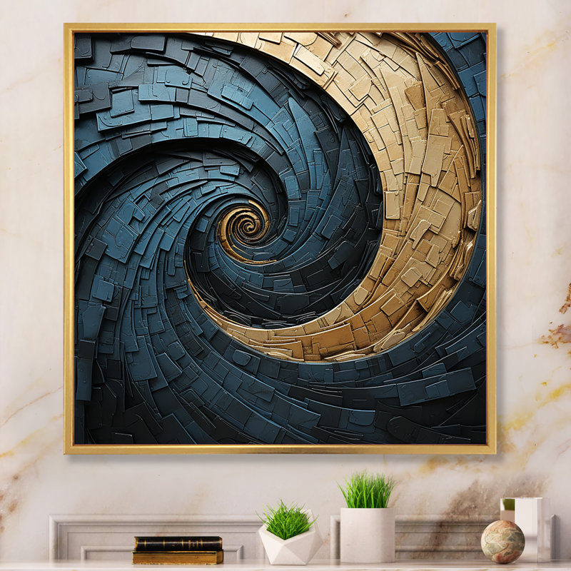 Gold Teal Minimalisme - Spirales abstraites, Cadre flottant doré, H 30 po x l 30 po x P 1 po