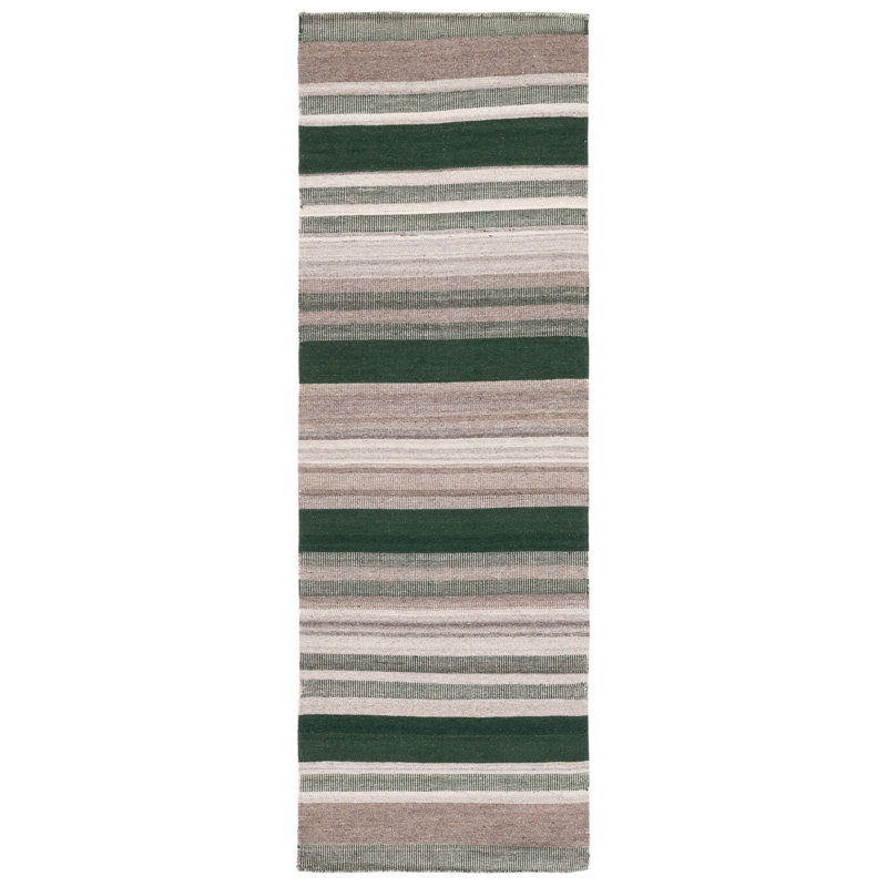 Tapis rayé vert / gris Dhurries, Tapis de couloir 2 pi 6 po x 8 pi
