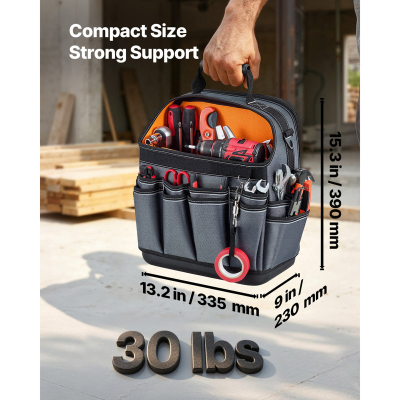 Sac à outils de 33,5 cm (13,2 pouces), 39 poches, ouverte sur le dessus, boîte à outils portative pour l'entretien électrique, avec base rigide en plastique et bandoulière réglable.