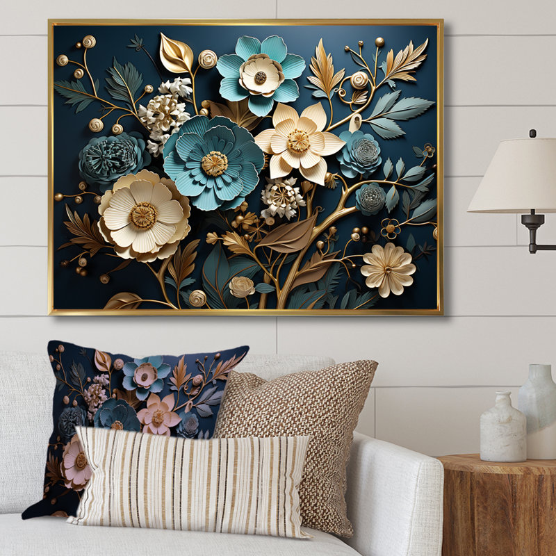 Bleu et or, charmante fleur printanière élégance I - Fleurs, art mural, Cadre flottant doré, H 12 po x l 20 po x P 1 po