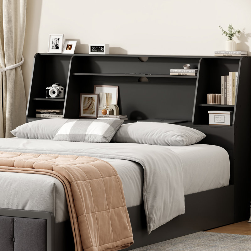Tête de lit bibliothèque moderne avec lumières DEL et station de charge intégrée, tête de lit avec tablettes ouvertes pour la chambre à coucher