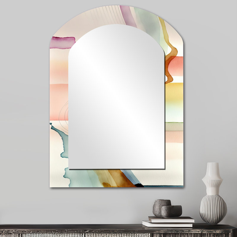 Multi-Color Abstract Waves III - Minimalism Asymmetrical Mirror, Green Arch Unique Wall Mirror, Printed Metal Art, 34" x 25"