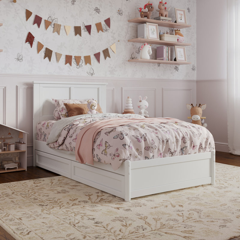 Lit plateforme avec rangement en bois massif Ashante avec pied de lit et tiroirs sous le lit, Simple, Blanc