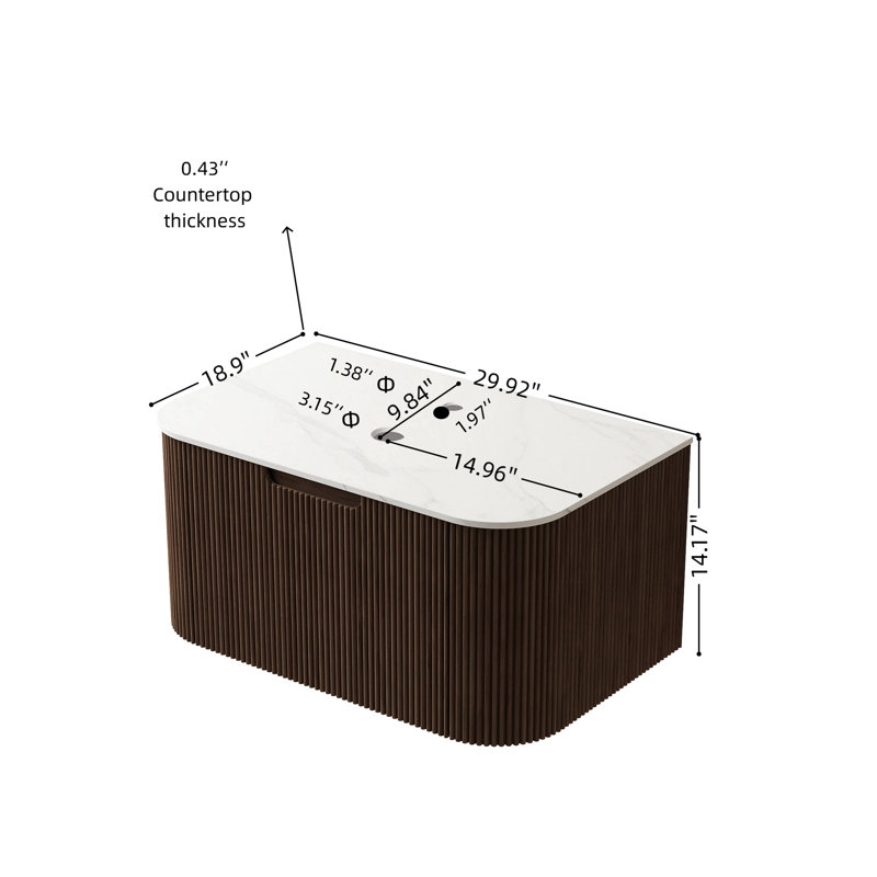 Armoire murale de 30 po pour le rangement au bureau, surface en pierre frittée blanche, tiroir en noyer foncé, poignée rainurée, fonctionnement stable du tiroir - armoire de rangement à fixation en douceur
