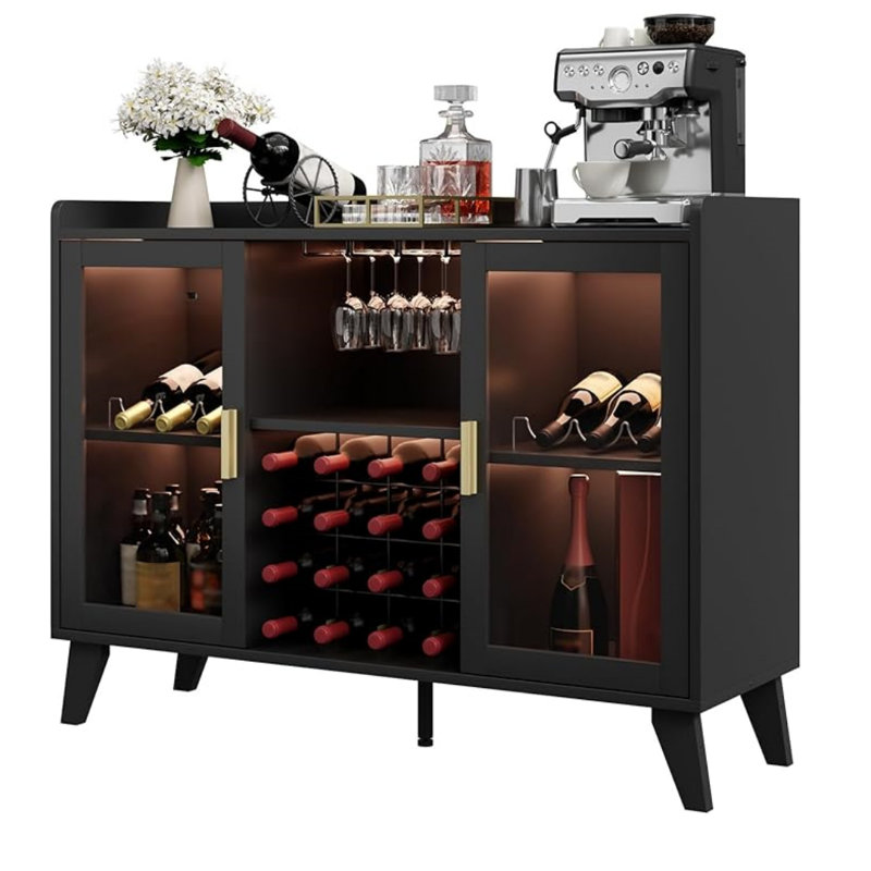 Armoire de bar à vin de ferme avec lumières à DEL, armoire de café à la maison avec supports à vin