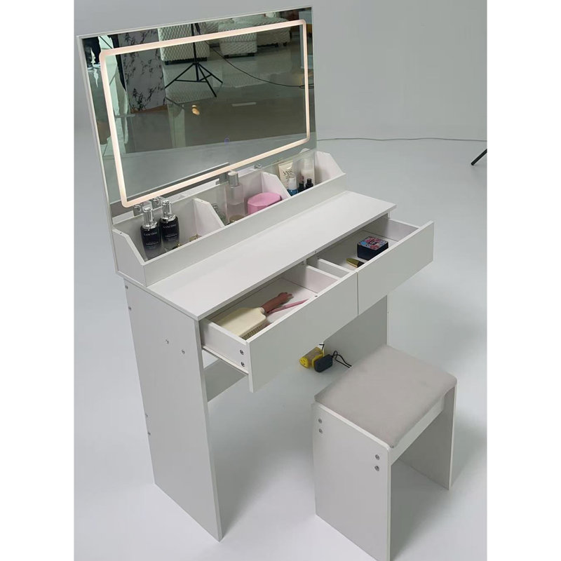 Coiffeuse 31 po x 20 po avec miroir à DEL très grand et tabouret doux, éclairage tricolore, luminosité réglable au toucher, rangement compact pour petits espaces de balcon, blanc American Design