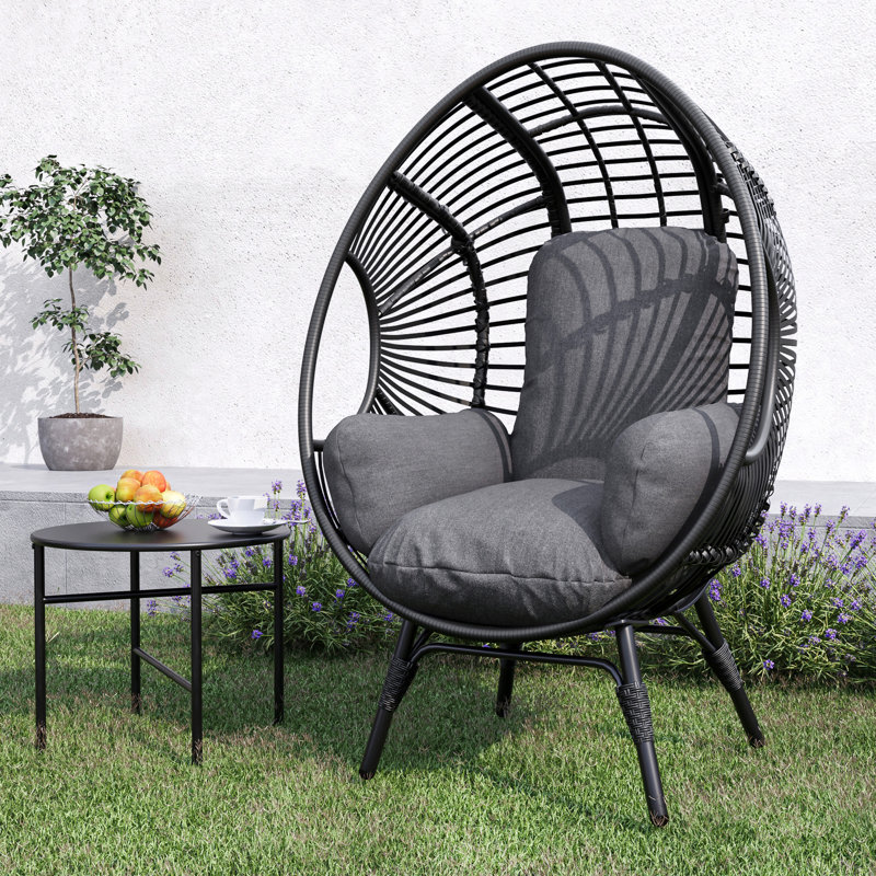 Fauteuil de patio en osier avec coussin en rotin PE, Coussin gris / cadre noir