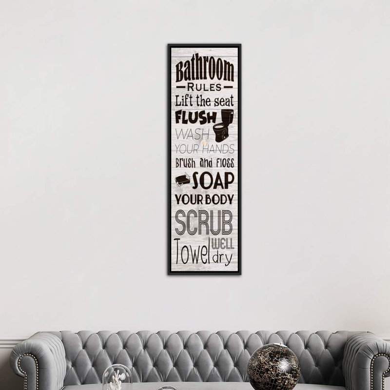 Reproduction d’art textuel sur toile, "Bath rules" par Marcus prime, H 60 po x l 20 po x P 1,5 po, Pas de tapis