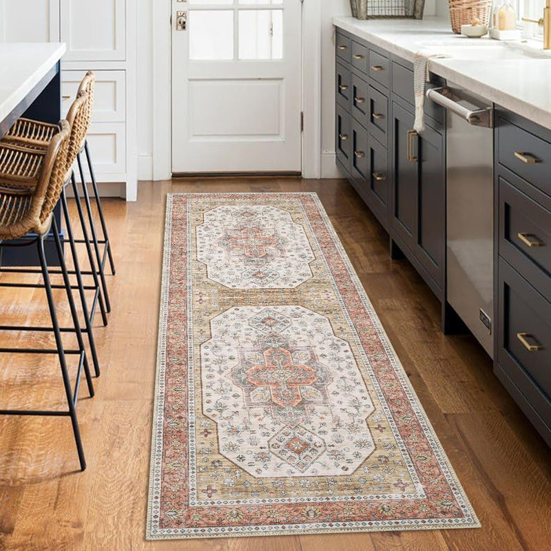 Washable Floral Area Rug – Vintage Boho Carpet, Non-Slip Backing, Low Pile, for Bedroom, Living Room, Dining Room, Office (Beige)