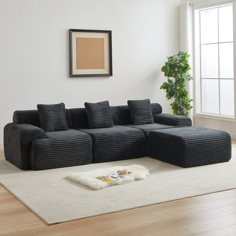 Canapé modulaire rembourré de 114 po avec coussins décoratifs Corduroy, Velours côtelé noir