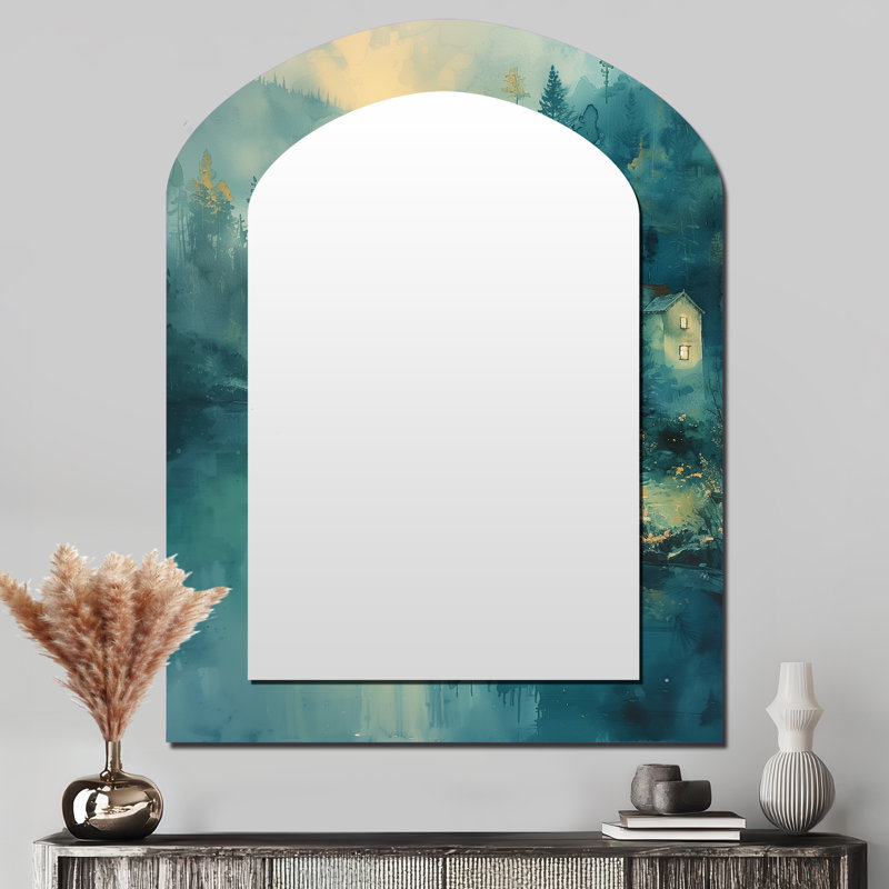 Green Grey winter Rural Refuge Mill - Mills Asymmetrical Mirror, Green Arch Decorative Wall Mirror, Printed Metal Art
