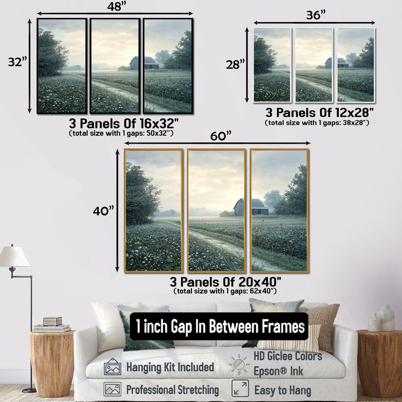 Barn Farm Photo Morning Dew - ensemble de reproductions d'art mural de ferme, Toile avec cadre flottant brun