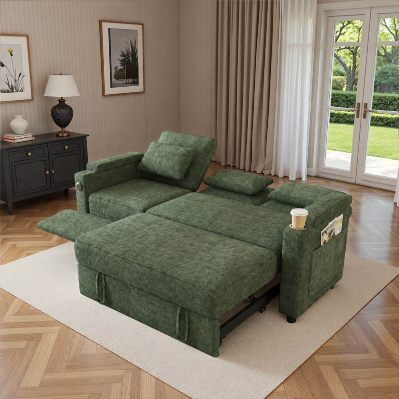 Canapé-lit inclinable convertible de 81 po avec fauteuil inclinable, tableau, ports USB et 3 coussins décoratifs
