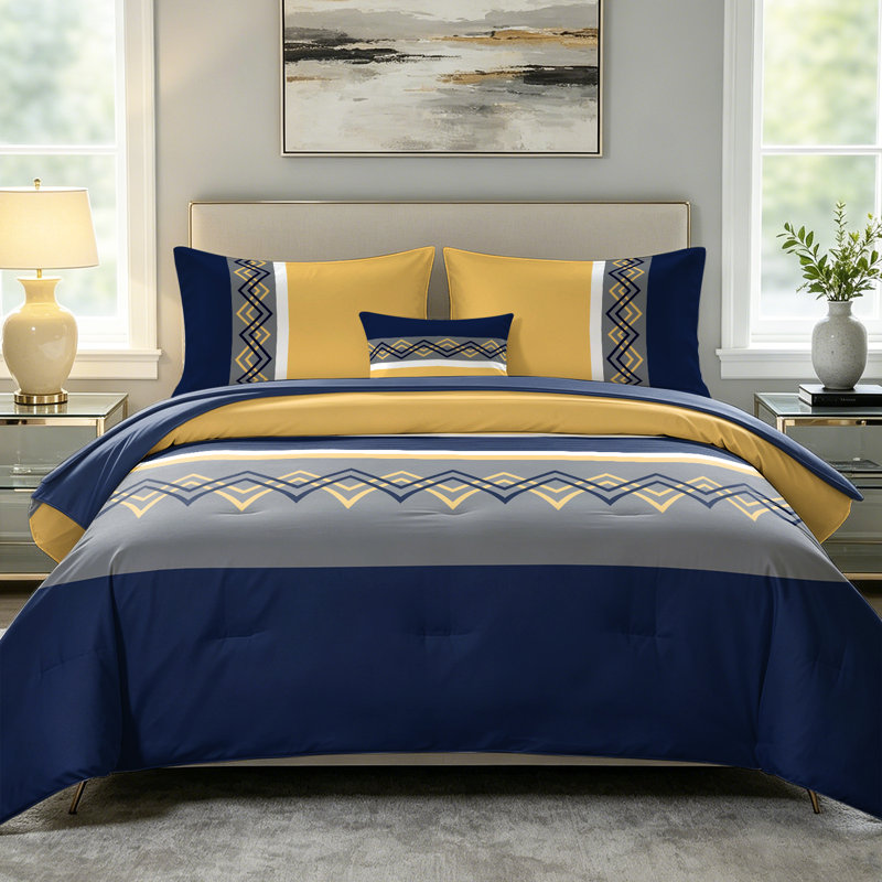 6-Piece Full Size Chevron Comforter Set, Modern Geometric Bedding in Navy Blue, Grey & Yellow, All-Season Microfiber Bed in a Bag with Sheets and Pillow Shams