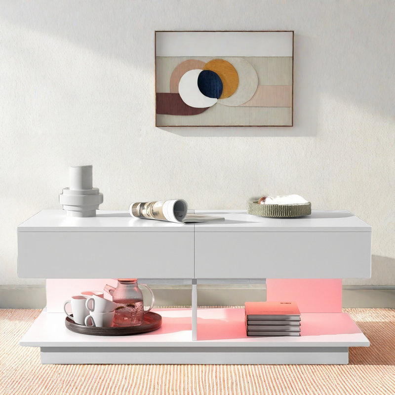 Table basse extensible avec plusieurs compartiments de rangement, bande à DEL de 16 couleurs et base robuste, Blanc