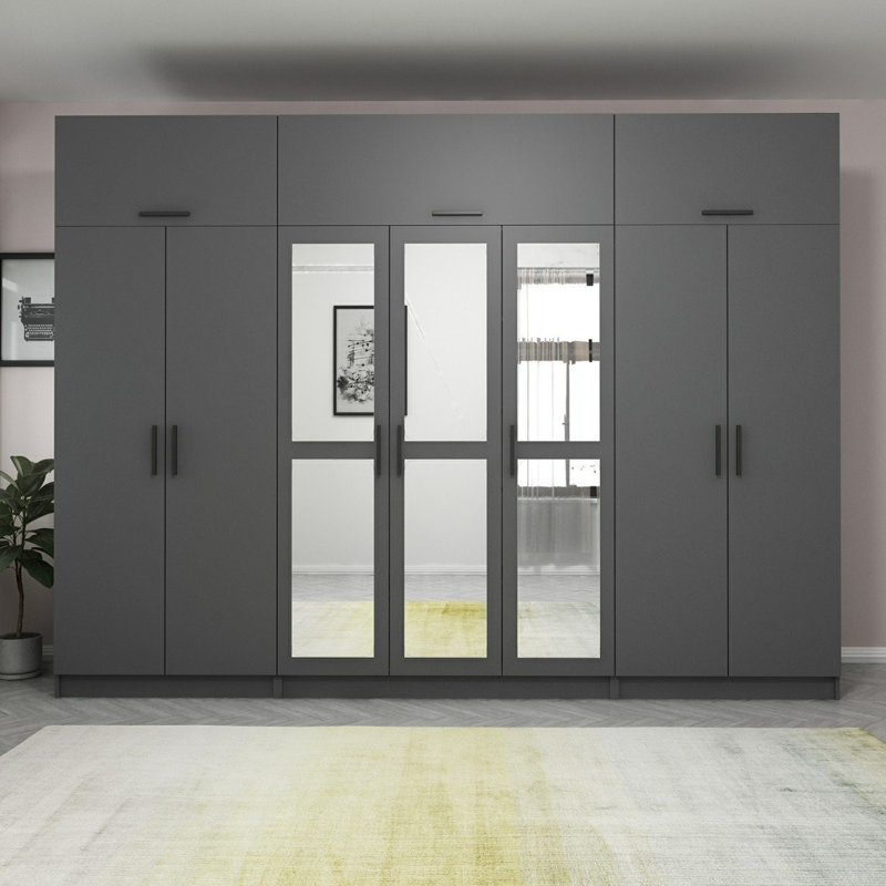 Elina 7 Door Manufactured Wood Wardrobe, 255cm H x 315cm W x 52cm D, Black