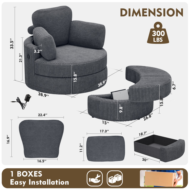  Swivel Accent Chair With Half Moon Ottoman, Round Chairs With Drawer Storage For Living Room, 360° Barrel Chair With Usb Charging Port (Dark Grey Corduroy)